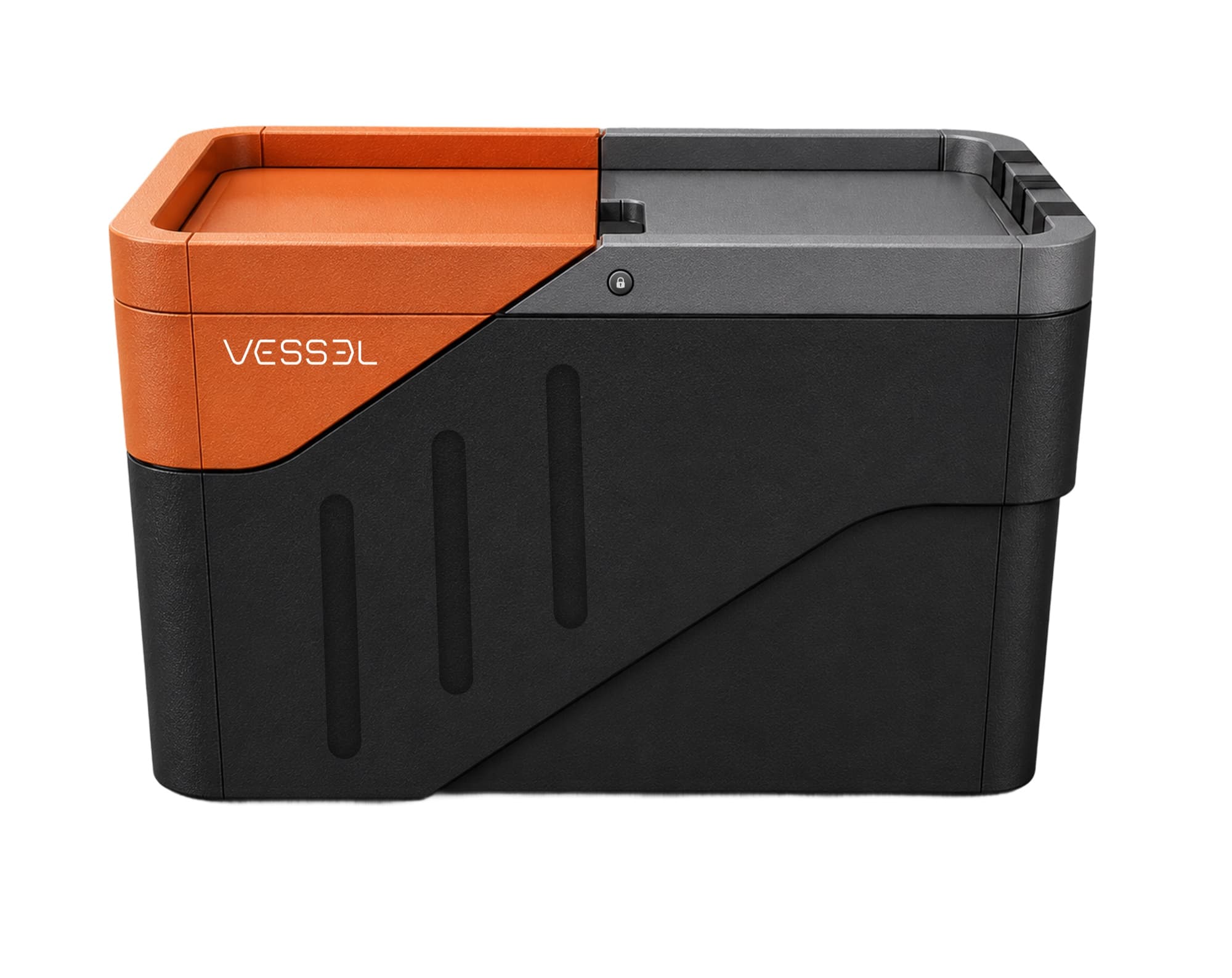 Vessel smart container, side profile: charcoal body with an orange lid section, the Vessel wordmark, and a lock